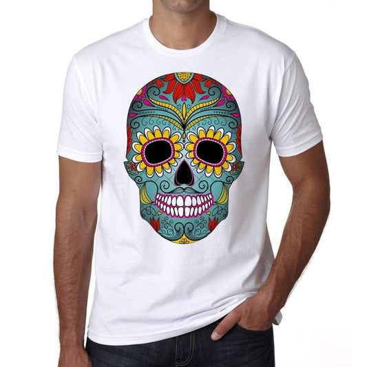 Day Of The Dead Skull Green Mens White Tee 100% Cotton 00187