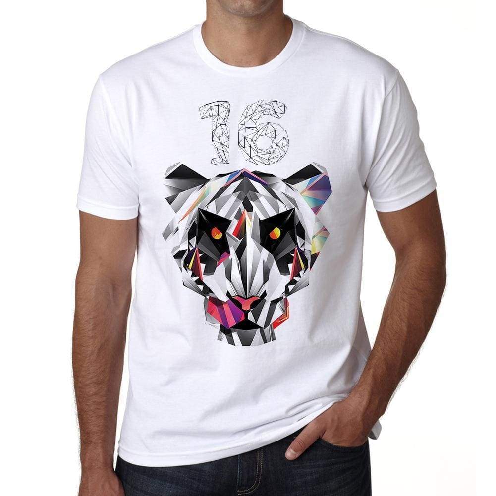 Geometric Tiger Number 16 White Mens Short Sleeve Round Neck T-Shirt 00282 - White / S - Casual