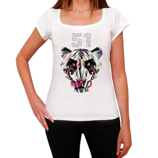 Geometric Tiger Number 51 White Womens Short Sleeve Round Neck T-Shirt 00283 - White / Xs - Casual