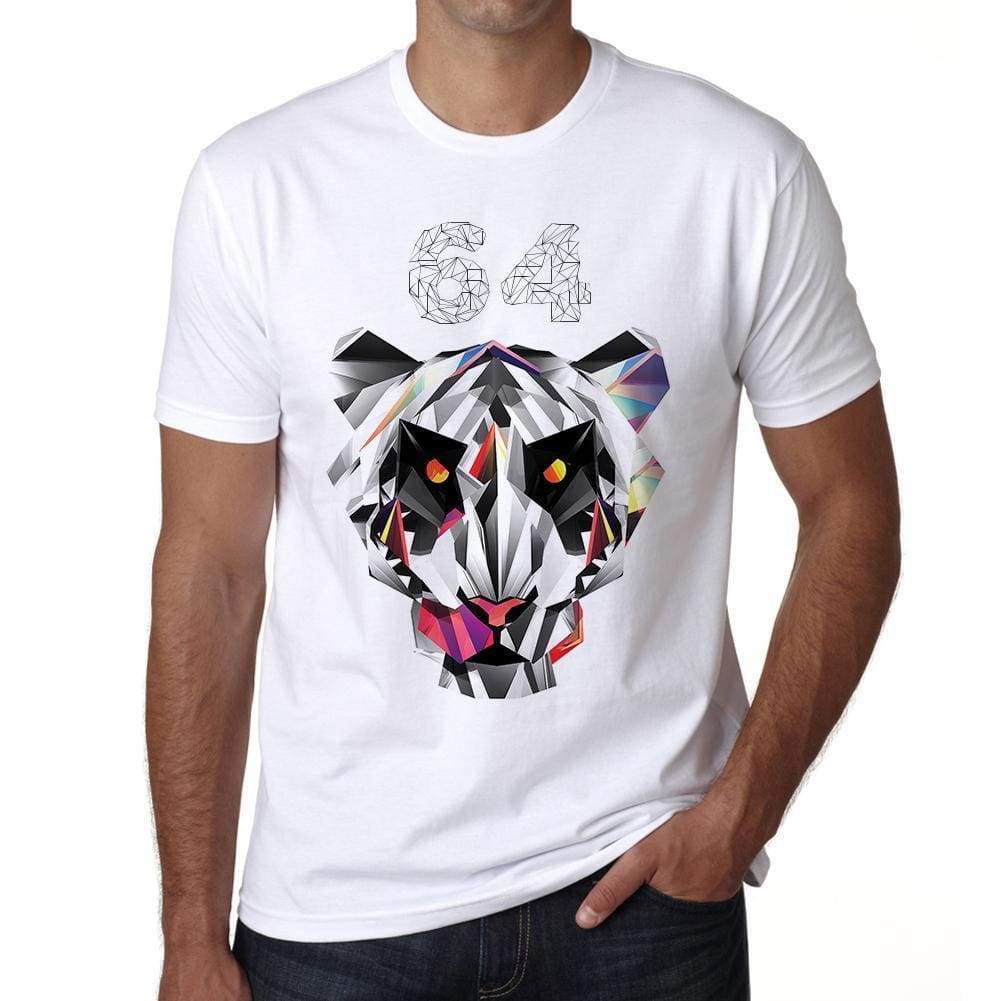 Geometric Tiger Number 64 White Mens Short Sleeve Round Neck T-Shirt 00282 - White / S - Casual