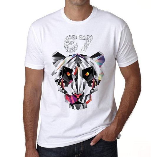 Geometric Tiger Number 67 White Mens Short Sleeve Round Neck T-Shirt 00282 - White / S - Casual