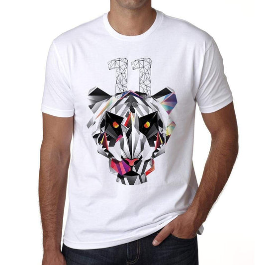 Geomtric Tiger Number 11 White Mens Short Sleeve Round Neck T-Shirt 00282 - White / S - Casual