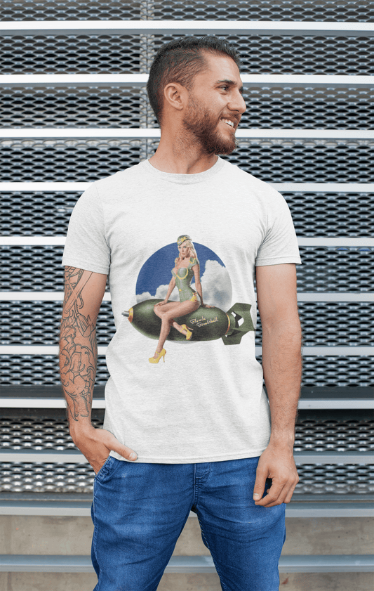 Army pin-up fly Blonde bombshell, Men's White tee, 100% Cotton 00211