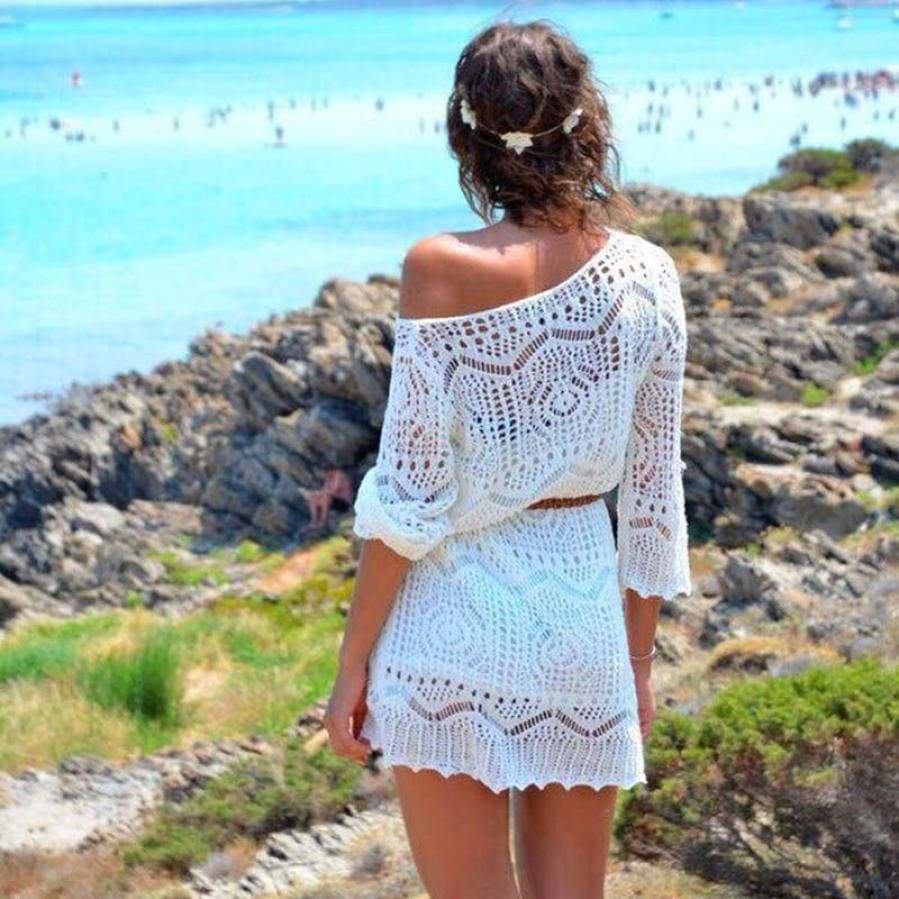 Jecksion Sexy Beach Dress For Women 2016 Fashion Hollow Out White Lace Dress Party Dresses With Belt #lyw