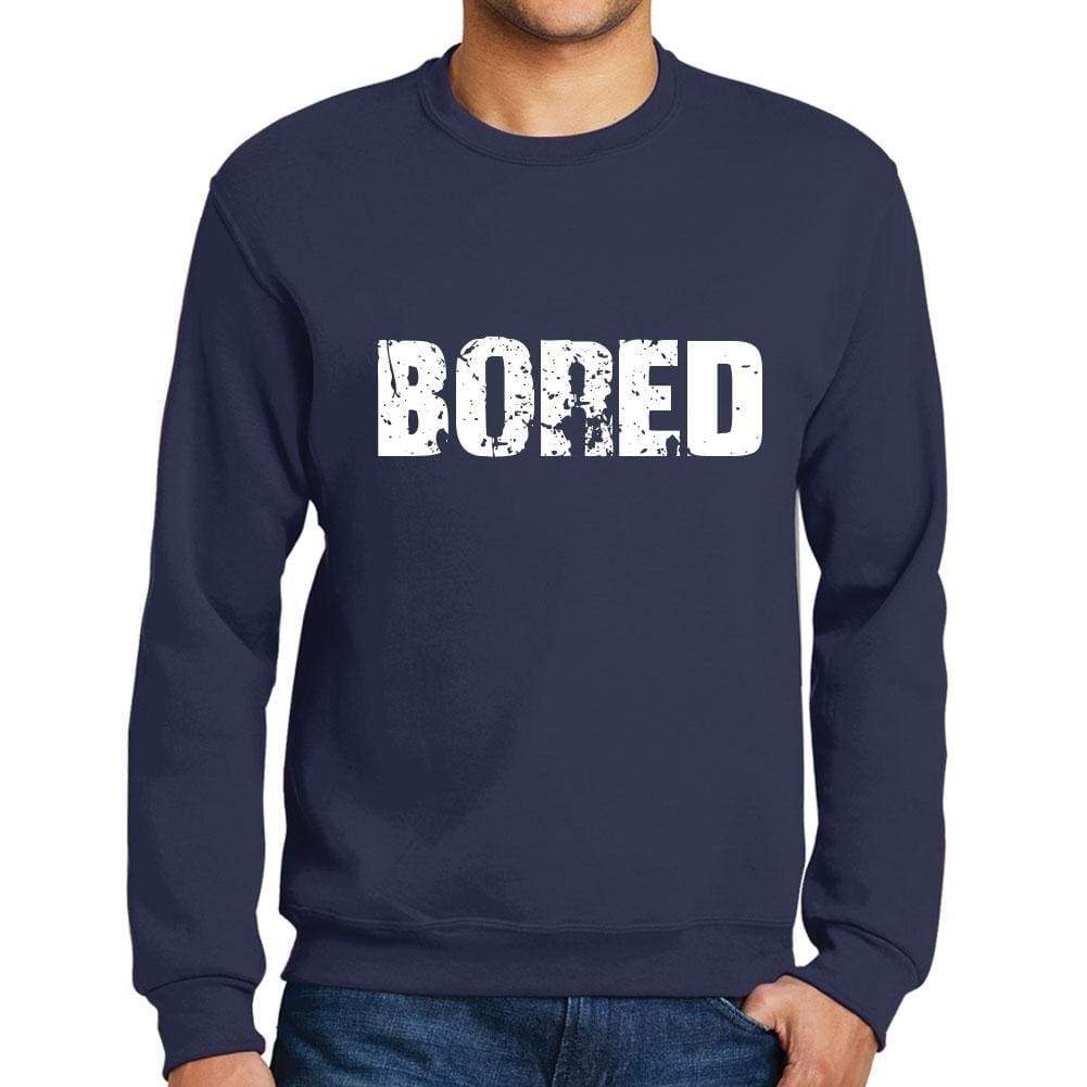Mens Printed Graphic Sweatshirt Popular Words Bored French Navy - French Navy / Small / Cotton - Sweatshirts