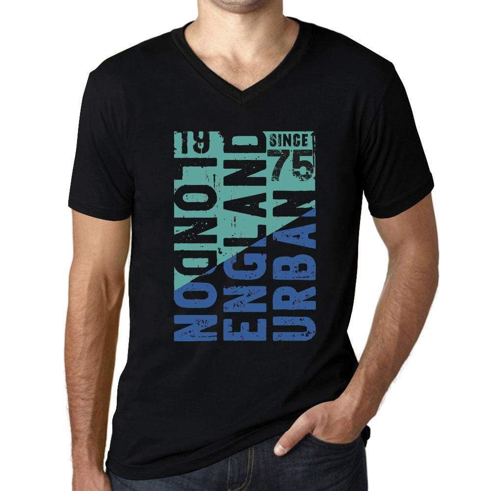 Mens Vintage Tee Shirt Graphic T Shirt V Neck London Since 75 Deep Black - Black / S / Cotton - T-Shirt