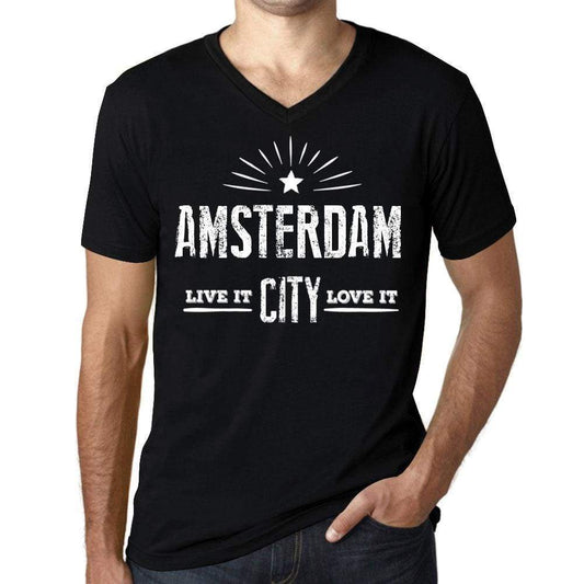 Mens Vintage Tee Shirt Graphic V-Neck T Shirt Live It Love It Amsterdam Deep Black - Black / S / Cotton - T-Shirt