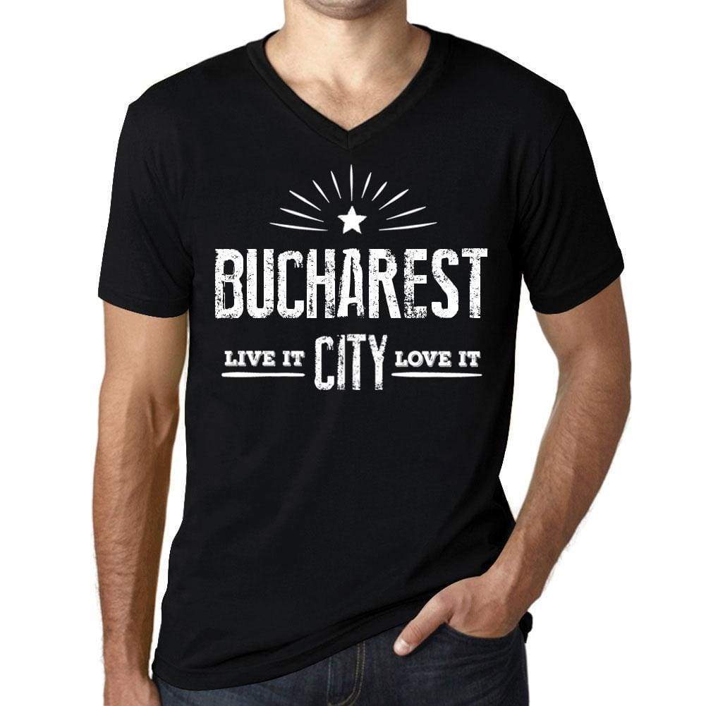 Mens Vintage Tee Shirt Graphic V-Neck T Shirt Live It Love It Bucharest Deep Black - Black / S / Cotton - T-Shirt