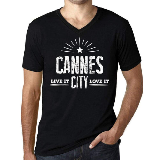 Mens Vintage Tee Shirt Graphic V-Neck T Shirt Live It Love It Cannes Deep Black - Black / S / Cotton - T-Shirt
