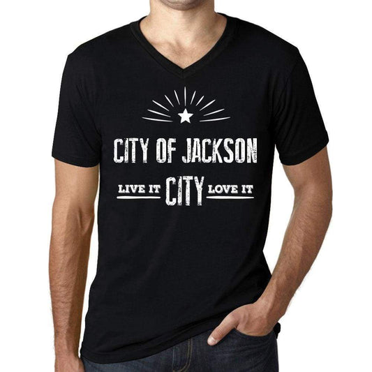 Mens Vintage Tee Shirt Graphic V-Neck T Shirt Live It Love It City Of Jackson Deep Black - Black / S / Cotton - T-Shirt