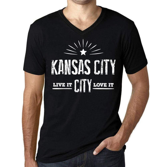 Mens Vintage Tee Shirt Graphic V-Neck T Shirt Live It Love It Kansas City Deep Black - Black / S / Cotton - T-Shirt