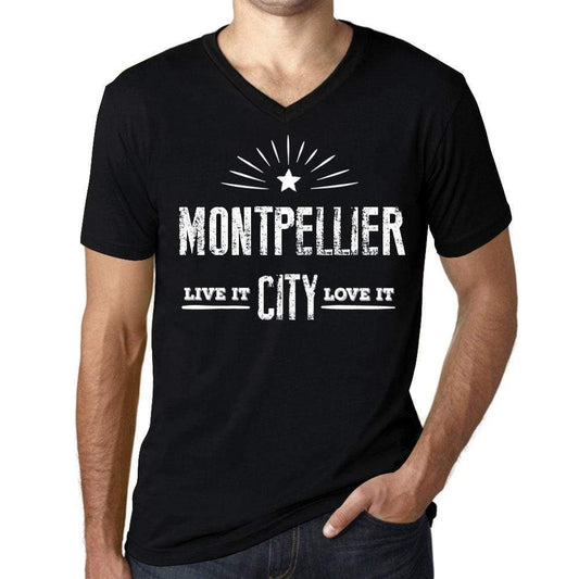 Mens Vintage Tee Shirt Graphic V-Neck T Shirt Live It Love It Montpellier Deep Black - Black / S / Cotton - T-Shirt