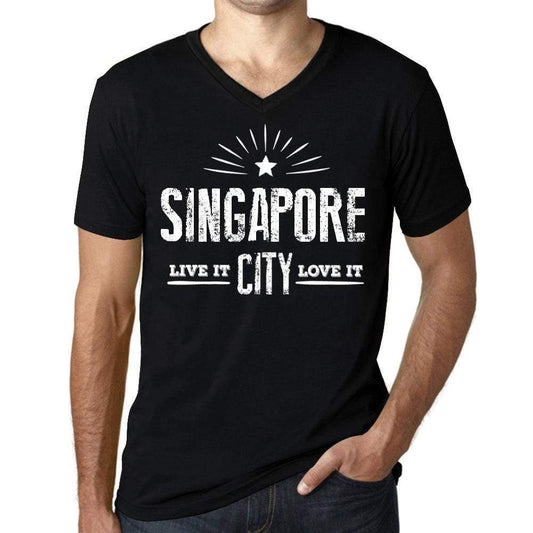 Mens Vintage Tee Shirt Graphic V-Neck T Shirt Live It Love It Singapore Deep Black - Black / S / Cotton - T-Shirt