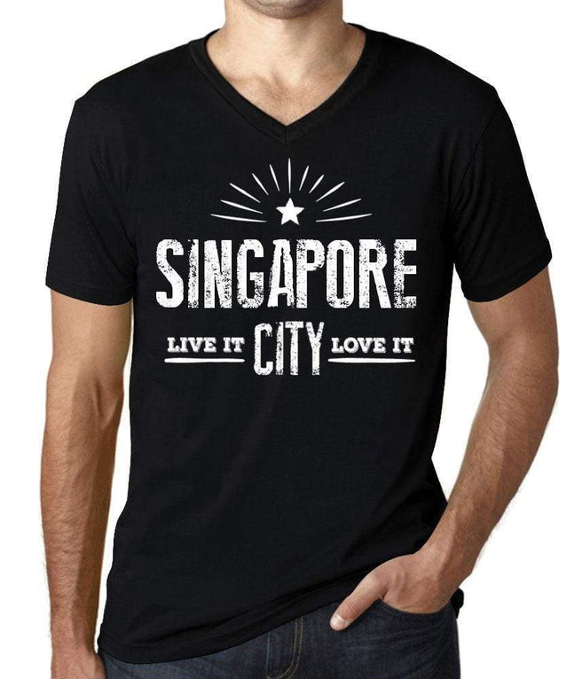 Men's Vintage Tee Shirt V-Neck T shirt Live It It SINGAPORE Deep Black | affordable beautiful designs
