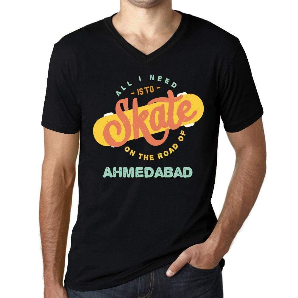 Mens Vintage Tee Shirt Graphic V-Neck T Shirt On The Road Of Ahmedabad Black - Black / S / Cotton - T-Shirt