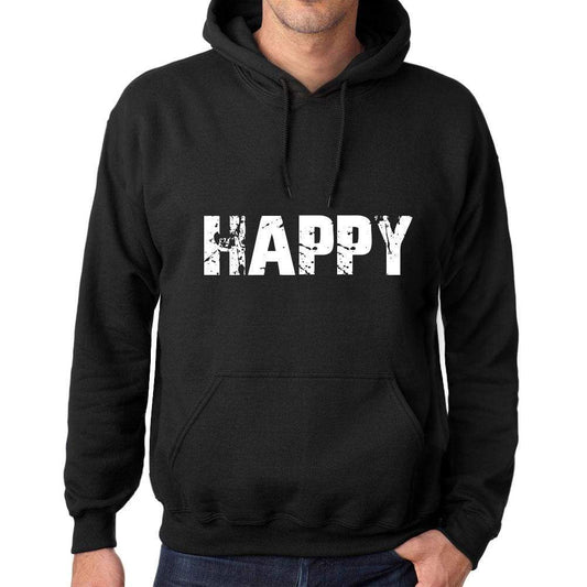 Mens Womens Unisex Printed Graphic Cotton Hoodie Soft Heavyweight Hooded Sweatshirt Pullover Popular Words Happy Deep Black - Black / Xs /