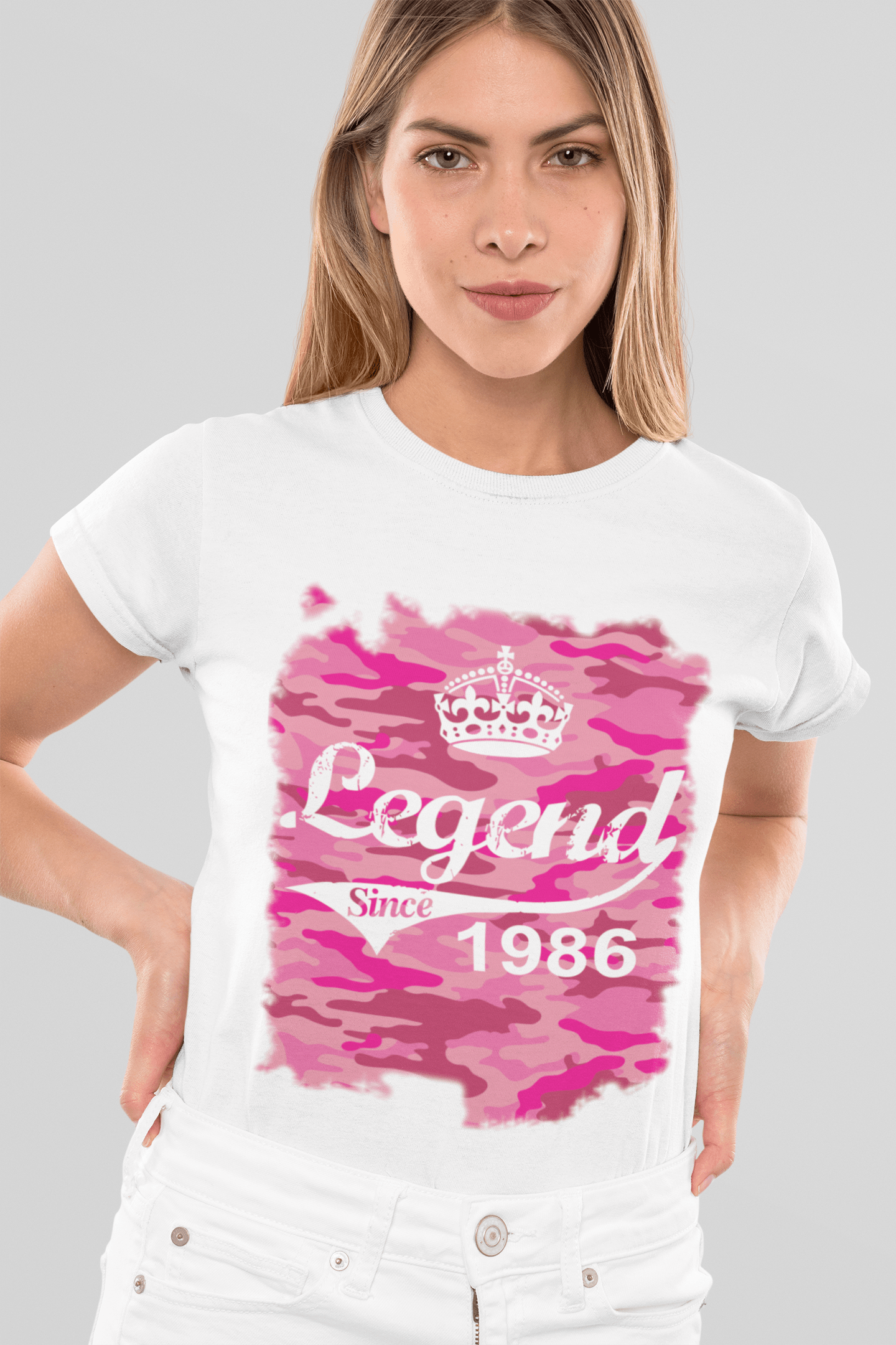 1986, Aufdruck „Geburtstag“, weiß, Damen-Kurzarm-Rundhals-T-Shirt 00284