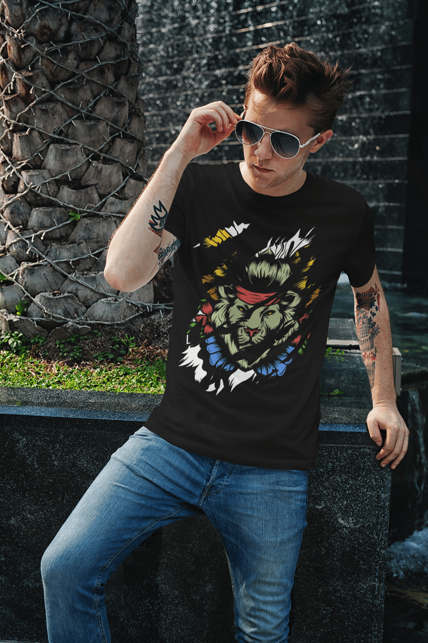 ULTRABASIC T-shirt déchiré pour homme Funny Lion – Chemise vintage colorée pour homme