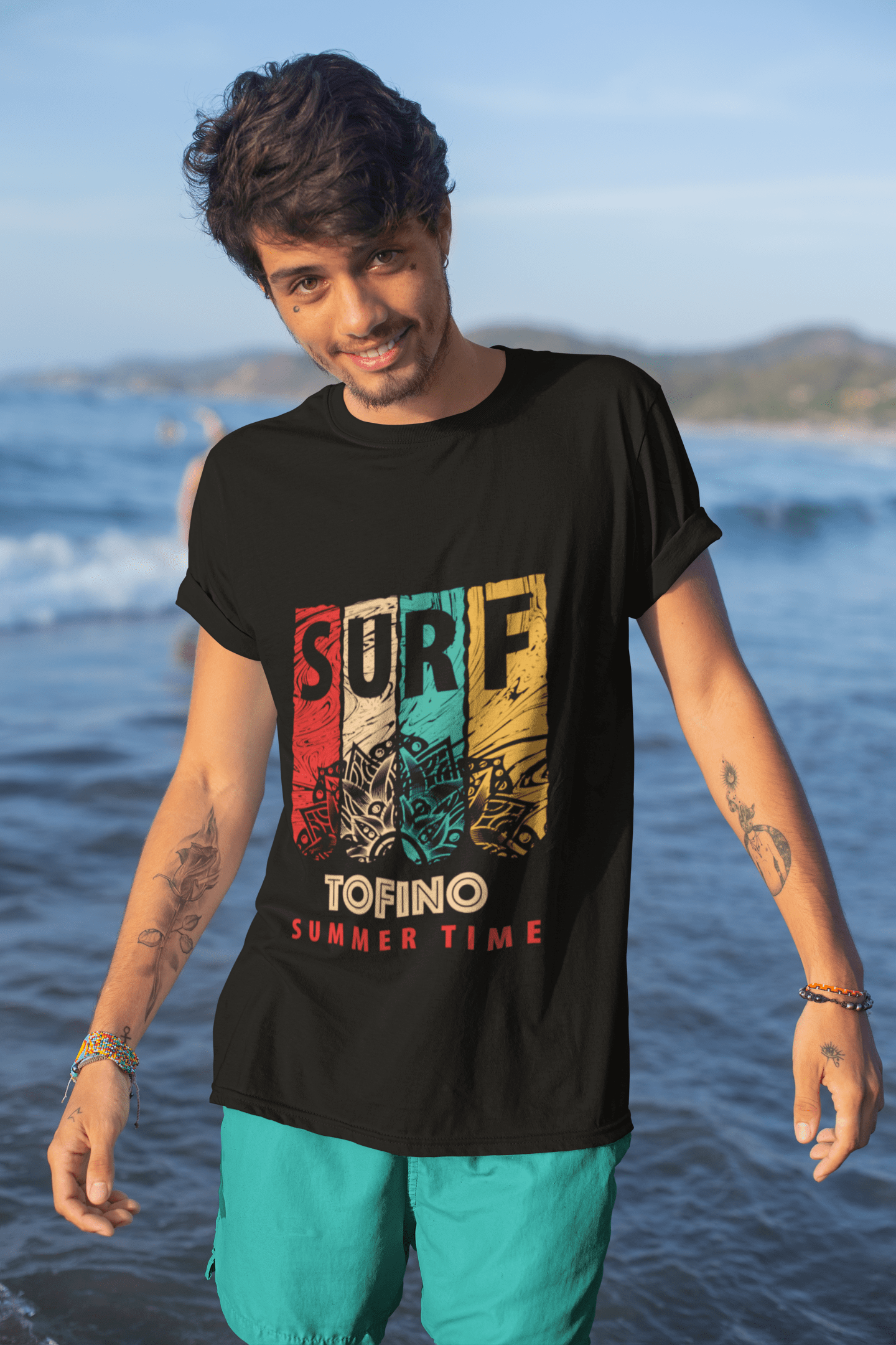 Men's Graphic T-Shirt Surf Summer Time TOFINO Deep Black Round Neck