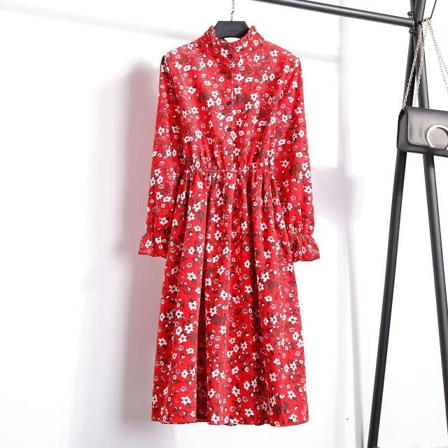 Autumn Dress Women 2019 Corduroy Plus Size Long Sleeve Cotton Dresses Floral Cherry Shirt Tunic Winter Harajuku Mori Party Dress