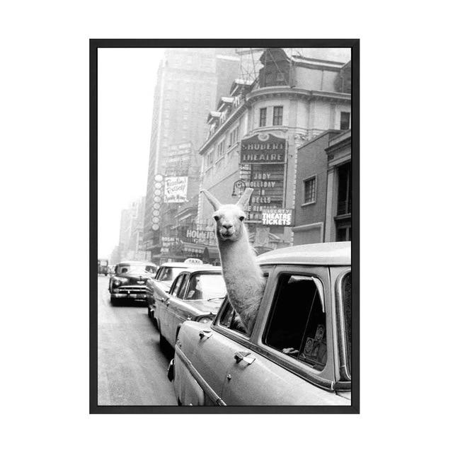 Llama in a taxi on Times Square Canvas Prints and Posters Vintage Black White Print New York City Pictures Wall Art Home Decor