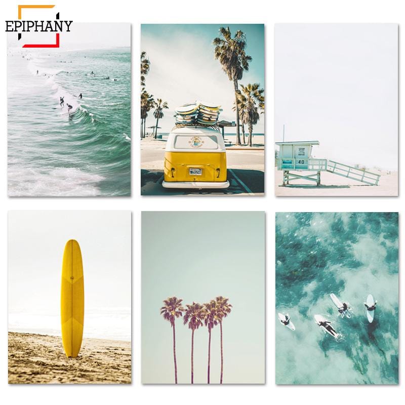 Kalifornien-Druckset, Surf-Wandkunst, Leinwandgemälde, Strandposter, Surfbrett-Drucke, Küstendekor, Gemälde für Wohnzimmerwand