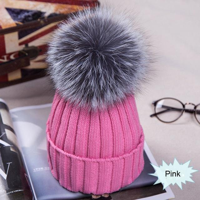 Hot Sale Winter Women Pom Pom Beanies Warm Knitted Bobble Girl Fur Pompom  Hats Real Raccoon Fur Pompon Casual Hat Cap B