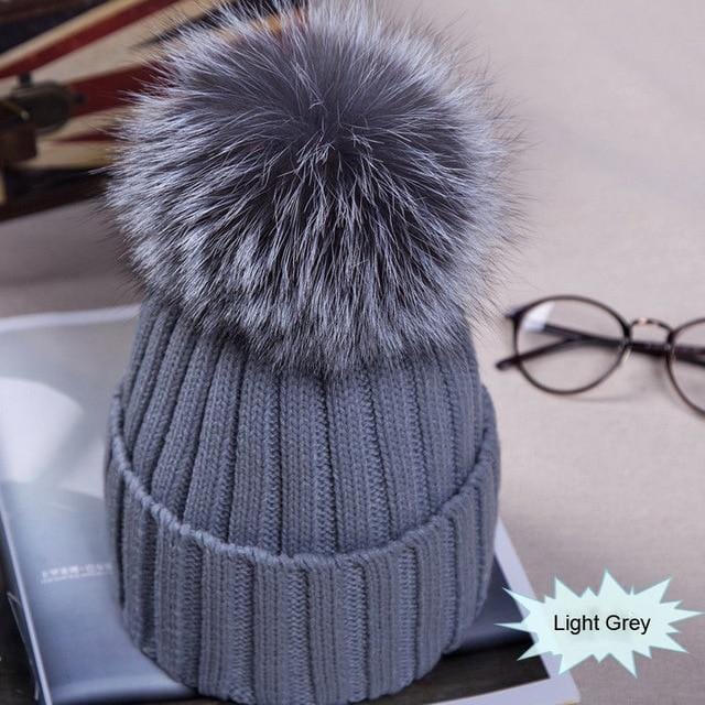 Hot Sale Winter Women Pom Pom Beanies Warm Knitted Bobble Girl Fur Pompom  Hats Real Raccoon Fur Pompon Casual Hat Cap B