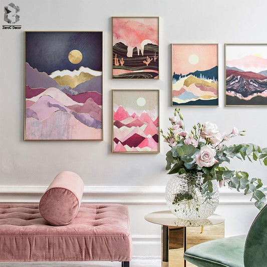 Japanese Cherry Blossom Tones Landscape Posters Pink Sunrise Mountain Wall Art Print Pictures for Girls Room Decoration Maison