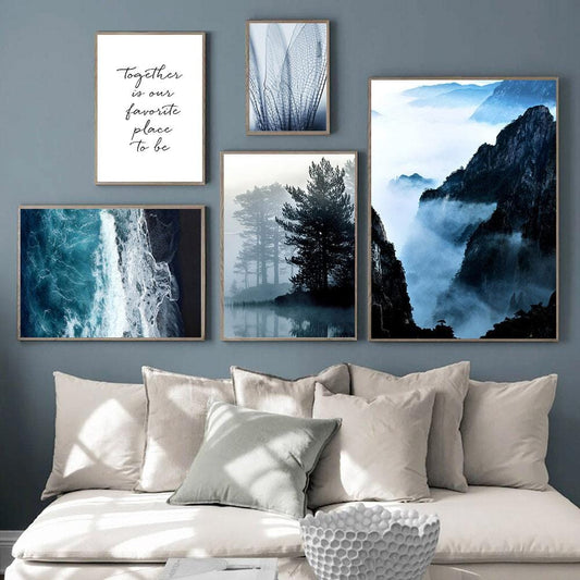 Mountain Wall Art Canvas Painting Poster Landscape Blue Beach Canvas Pictures For Living Room Painting Live Paintings Decor Home