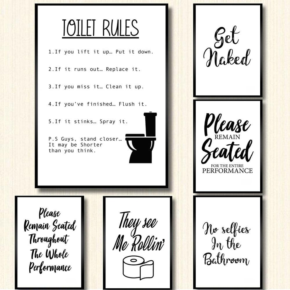 Wall Art Canvas Painting Funny Bathroom Rules Sign Nordic Black White ...