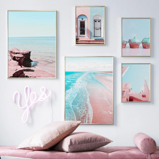 Gohipang <span>rose</span> plage mer maison porte gâteau paysage mur Art toile peinture nordique affiches et impressions photos murales salon