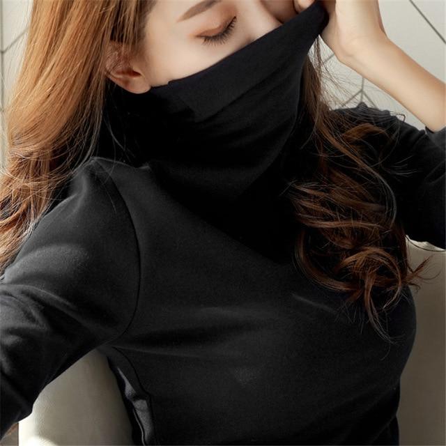 Autumn High collar bottoming shirt female long-sleeved t-shirt solid color Korean women's warm Slim female wild shirt plus size
