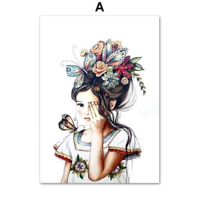 Girl Butterfly Peony Feather Flower Wall Art Canvas Painting Nordic Posters And Prints Wall Pictures For Living Room Home Decor