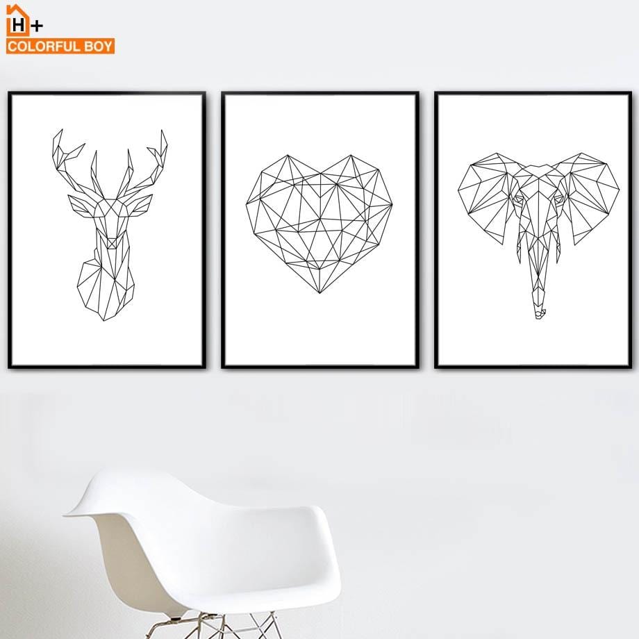 Toile d'art mural avec géométrie, cerf, éléphant, cœur, peinture, affiches et imprimés nordiques, images murales en noir et blanc pour décor de salon
