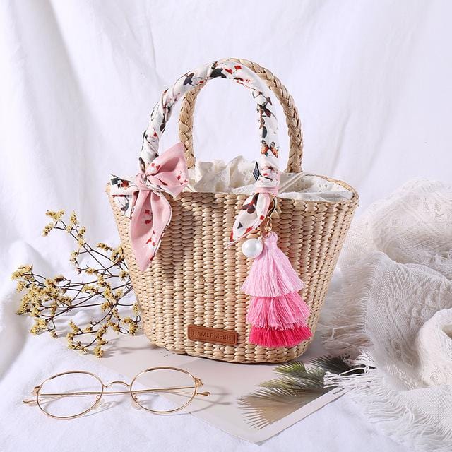 Natural Basket Handmade Straw bag Woven Handbags Sea Grass Beach Bag Top Handle Bag Wedding Gift Small Size