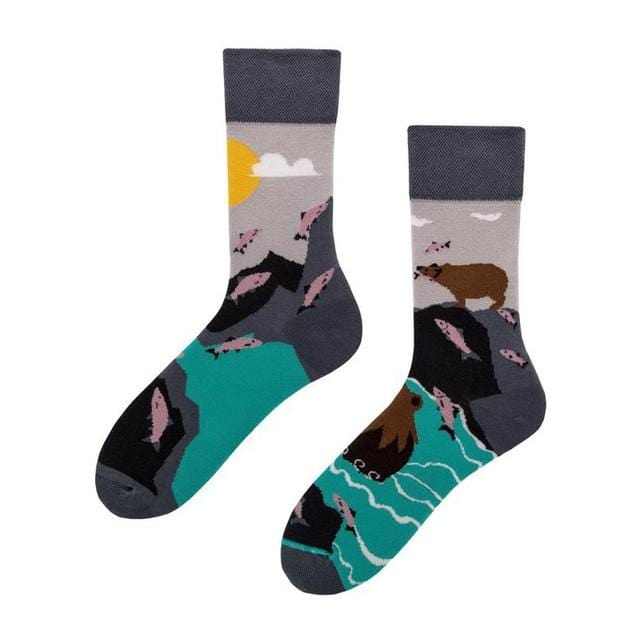 1 Paar männliche Crew-Socken, Herren-Freizeitsocken, Baumwolle, einzigartiges Cartoon-Tier, lustig, niedlich, cool, Unisex-Socken, mittellange asymmetrische AB-Socken