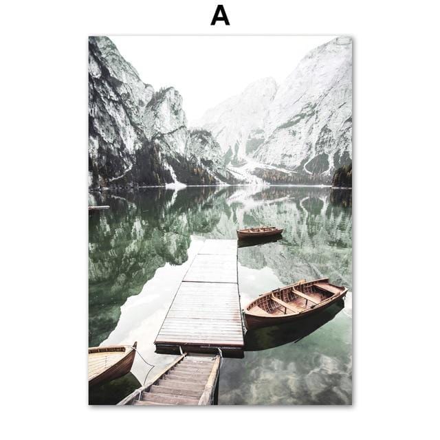 Alps Snow Mountain Boat Lake Forest Smog Wall Art Canvas Painting Nordic Posters And Prints Wall Pictures For Living Room Decor