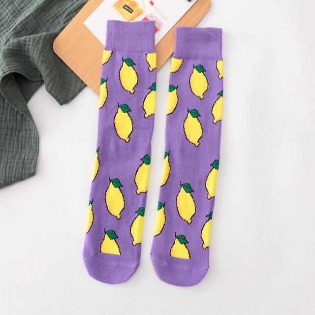 Femmes chaussettes drôle mignon dessin animé Fruits banane avocat citron oeuf Cookie beignets nourriture heureux japonais Harajuku skateboard chaussettes