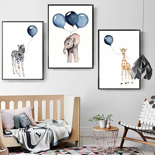Toile de peintures d'animaux de dessin animé nordique, ballon bleu, affiche d'art, zèbre, éléphant, images murales imprimées, décor de chambre d'enfants