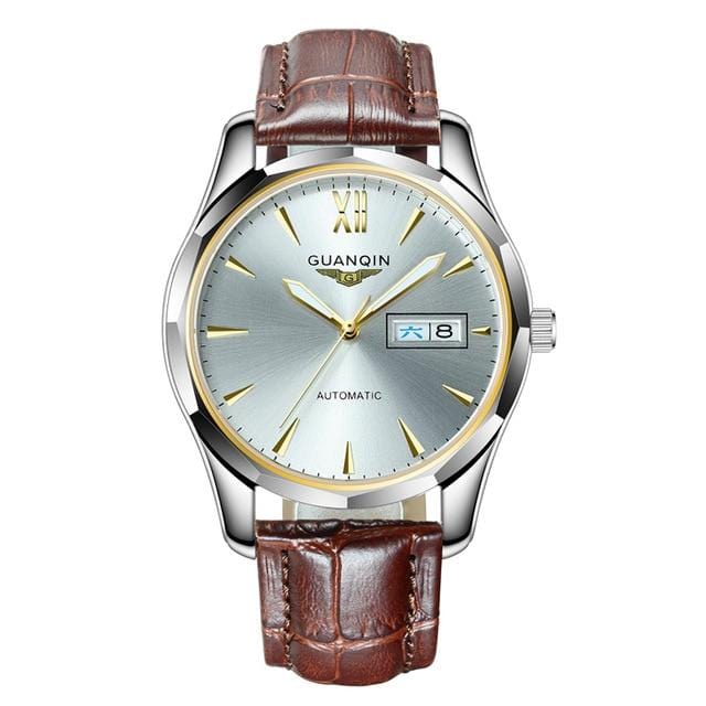 GUANQIN Automatic Mechanical Men Watch Tungsten Steel Luminous Watches Date Calendar Japanese Movement Watch with Leather Strap
