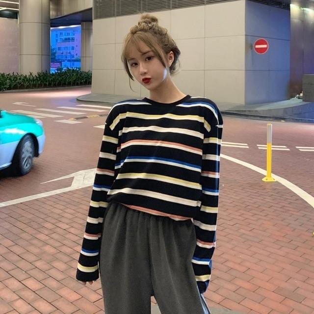 Rainbow T Shirt Women Striped Kawaii Clothes Harajuku Korean Style Streetwear Aesthetic Long Sleeve Fall Roupas Feminina O Neck