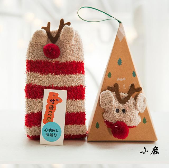 Cute Animal Design Deer Christmas socks Gift 3D Fluffy Coral Velvet Thick Warm Winter Sock For Women new Year gift Sox with Box