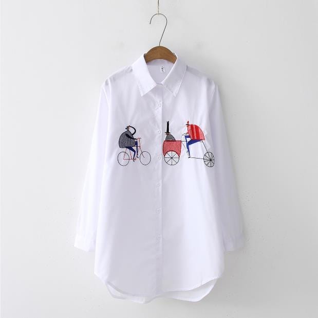2019 nouvelle chemise blanche tenue décontracté bouton haut col rabattu à manches longues coton Blouse broderie Feminina offre spéciale T8D427M