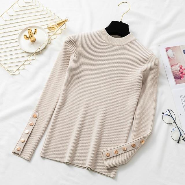 Autumn Women Long Sleeve Pure Slim Sweater Winter Knitted Turtleneck Casual Cashmere Pullover Metal Buttons Split Cuff Basic Top