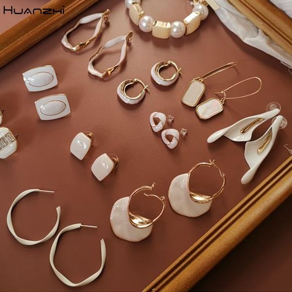 HUANZHI 2019 White Geometric Round Square Irregular Hollow Pearlescent Starry Sky Calla Lily Enamel Earrings for Women Girls
