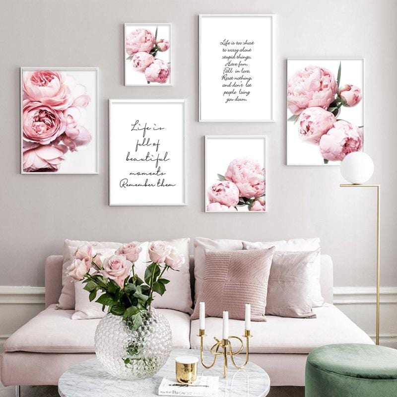 Affiche en toile de pivoine <span>rose</span> , impression nordique, texte de vie positif, peinture, décoration florale, image, décor de salon moderne