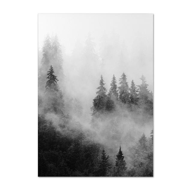 Walddrucke, Schwarz-Weiß-Natur, skandinavische Wandkunst, Leinwandgemälde, moderne, minimalistische Landschaft, neblige Bergplakate