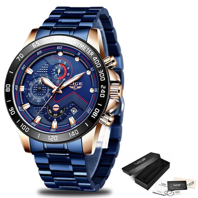 LIGE – montre de sport pour hommes, étanche, en acier inoxydable, marque de luxe, mode, chronographe, horloge à Quartz, noire, 2020