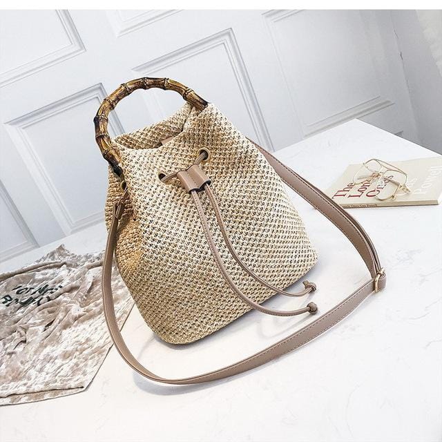 Ansloth Summer Bag For Women 2019 Rattan Bag Lady Beach Straw Bucket Bag Female Handmade Weaving Shoulder Bag Handbag HPS479